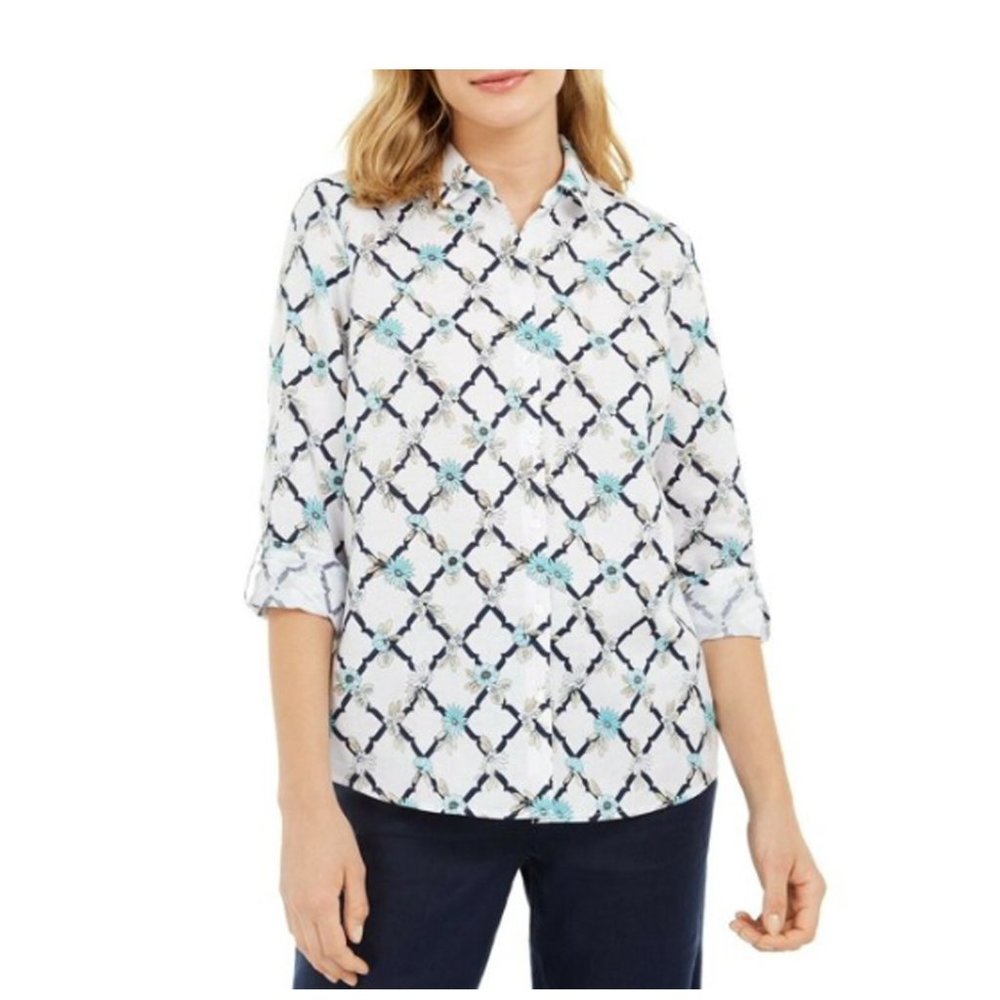 Charter Club Linen Blend Floral Cuffed Shirt-Large